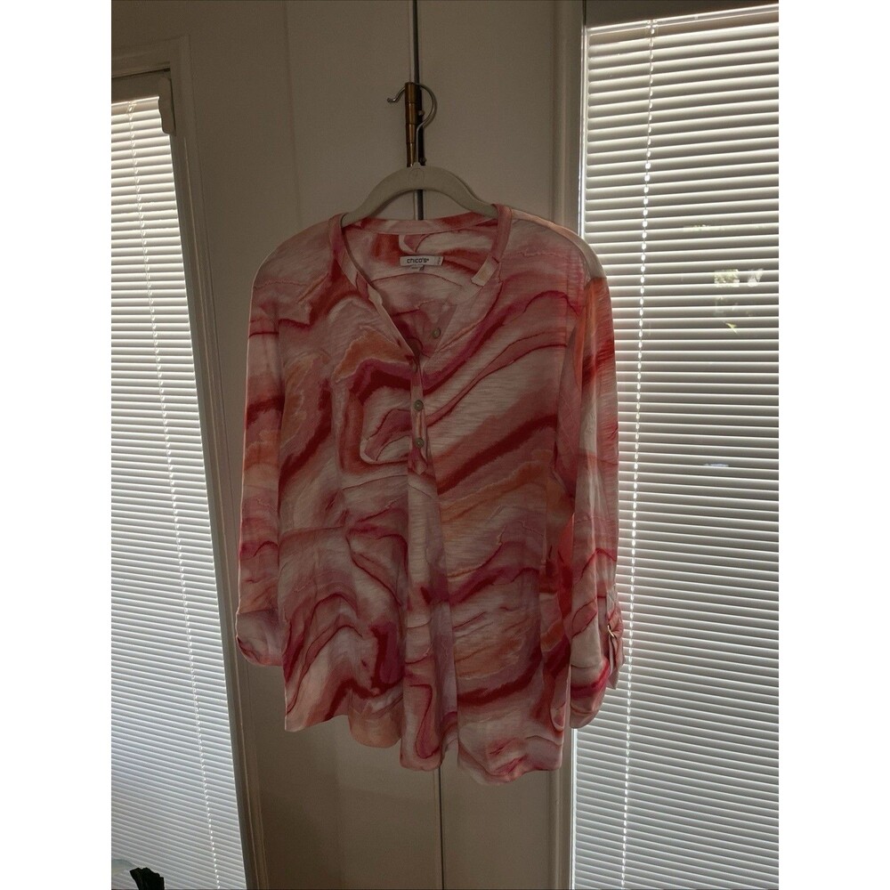 Chico's Sz 3 Knit Top 3/4 Roll Up Sleeve Red/Pink/White Abstract Plus